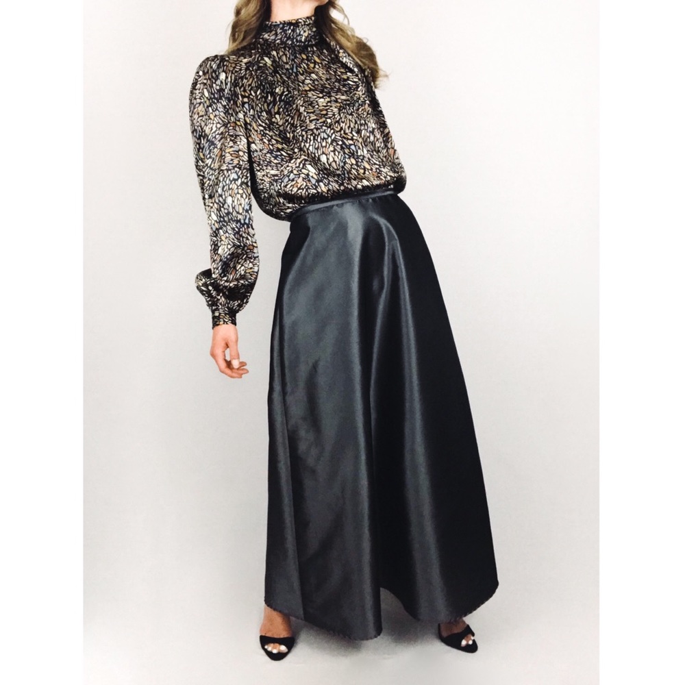Vintage Satin A-Line Maxi Skirt in Gunmetal Gray | Size S